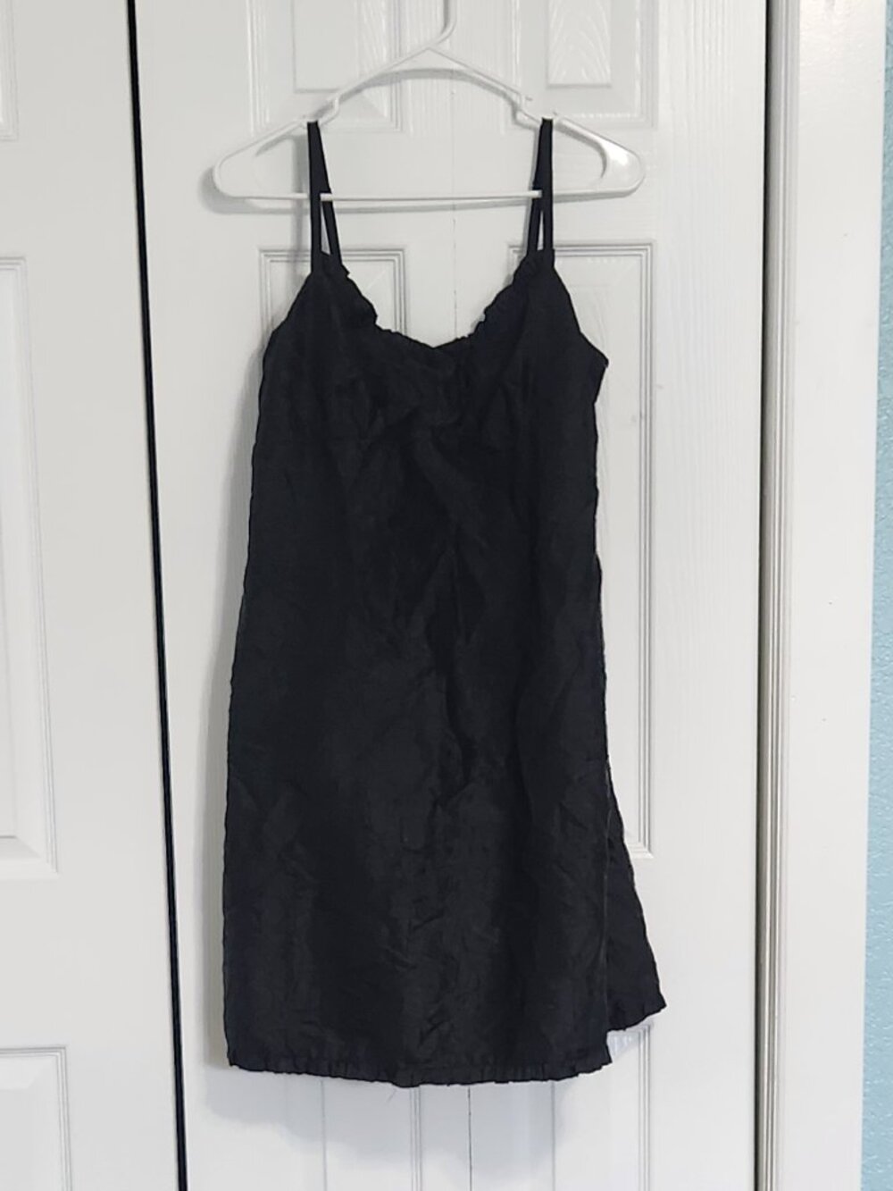 Eileen Fisher Black Silk Dress Small Crinkle Ruffle Spaghetti Strap Dress